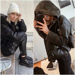 ZARA Black Faux Leather Puffer Jacket sz Medium